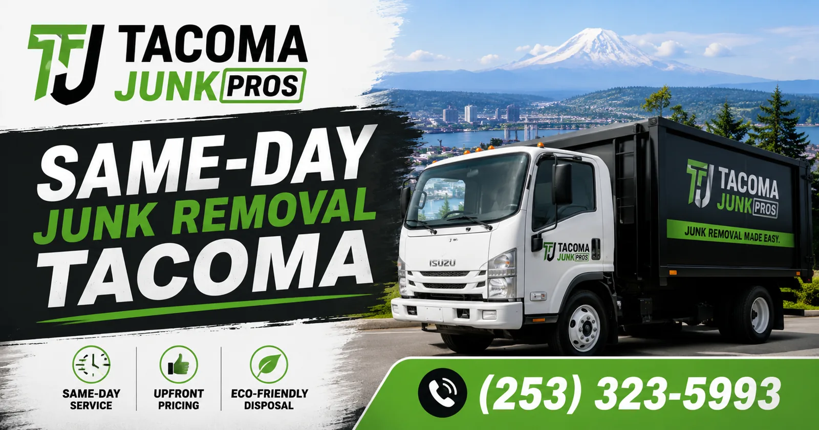A local junk removal truck in Tacoma with Mount Rainier in the background